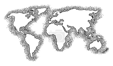 Illustration for Map earth planet with Asia, Africa, America, Europe, Australia. Vector black vintage engraving illustration isolated on a white background. For web, poster, info graphic. - Royalty Free Image