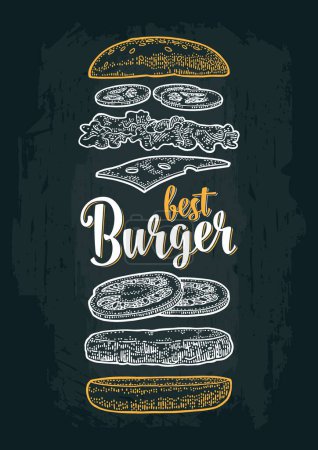 Illustration for Cheeseburger with flying ingredients include bun, tomato, salad, cheese, onion, cucumber. Vector white vintage engraving illustration isolated on dark. Best burger lettering. - Royalty Free Image
