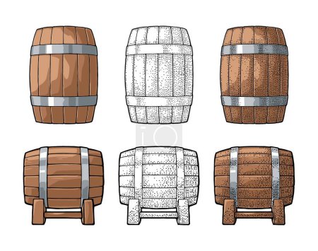 Illustration for Wooden barrel with metal hoops. Color and black vintage engraving vector illustration. Isolated on white background. Hand drawn design element for label and poster - Royalty Free Image