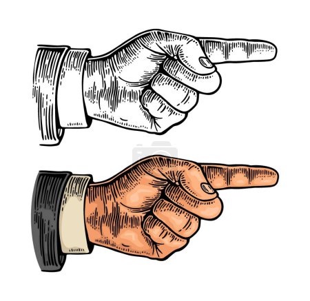 Ilustración de Apuntando con el dedo. Mano masculina en traje de manga. Grabado vintage de color vectorial e ilustración plana aislada sobre un fondo blanco. Firma para web, póster, infografía - Imagen libre de derechos