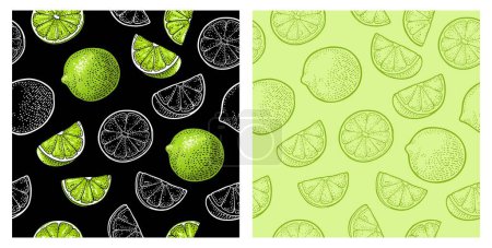 Illustration for Seamless pattern fresh whole and slice lime. Vector color hand drawn vintage engraving illustration for menu and label - Royalty Free Image