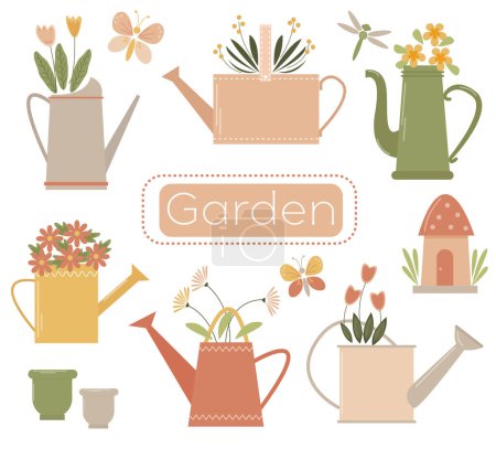 Téléchargez les illustrations : Ensemble de fournitures et de plantes de jardinage, illustration vectorielle - en licence libre de droit
