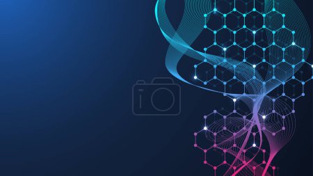 Photo for Modern scientific background with lines, dots and hexagons. Wave flow abstract background. Molecular structure for medical, technology, chemistry, science. illustration. - Royalty Free Image