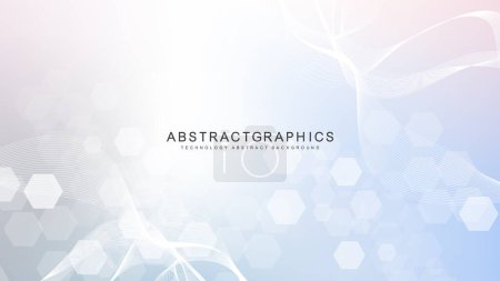 Illustration for Modern scientific background with hexagons, lines and dots. Wave flow abstract background. Molecular structure for medical, technology, chemistry, science. Vector illustration. - Royalty Free Image
