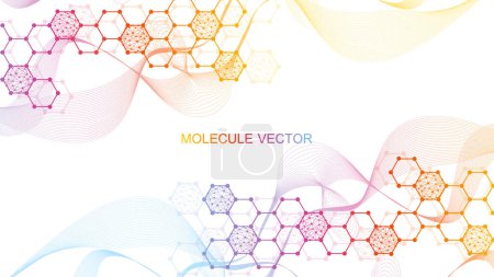 Illustration for Modern science background with lines, dots and hexagons. Wave flow abstract background. Molecular structure for medical, technology, chemistry, science. Vector illustration. - Royalty Free Image