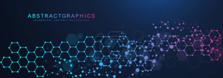 Illustration for Modern scientific background with hexagons, lines and dots. Wave flow abstract background. Molecular structure for medical, technology, chemistry, science. Vector illustration. - Royalty Free Image