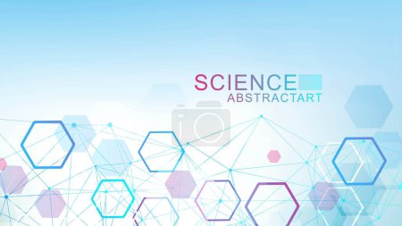Modern science background with lines, dots and hexagons. Wave flow abstract background. Molecular structure for medical, technology, chemistry, science. Vector illustration.