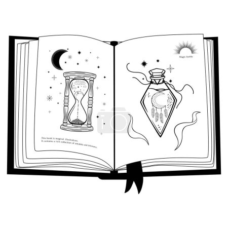 Hand drawn mystical open book with hourglass, glass bottle, moon and star in line art. Magic collection, symbol, talisman, antique style, boho. Vector sketch illustration isolated on white background