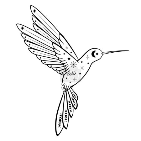 Colibri volant mystique dessiné à la main avec lune et étoile dans l'art linéaire. Collection magique, symbole, talisman, style antique, boho. Illustration vectorielle isolée sur fond blanc