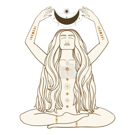 Illustration for Hand drawn mystical woman with Sun, Moon, star in line art. Spiritual abstract silhouette young woman. Magic profile, esoteric talisman. Vector illustration isolated on white background - Royalty Free Image