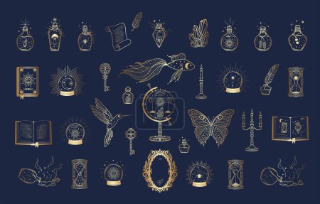 Hand drawn set of golden mystical glass bottle, crystal ball, book, mirror, globe, hourglass, goldfish, hummingbird, butterfly in line art. Magic talisman. Vector illustration on blue background