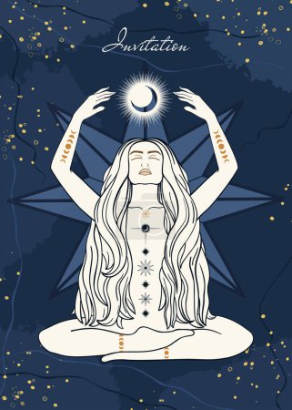 Illustration for Hand drawn card of silhouette mystical woman with Sun, Moon, star in line art. Spiritual abstract young woman, feminine concept. Magic collection, esoteric talisman. Vector sketch set illustration - Royalty Free Image