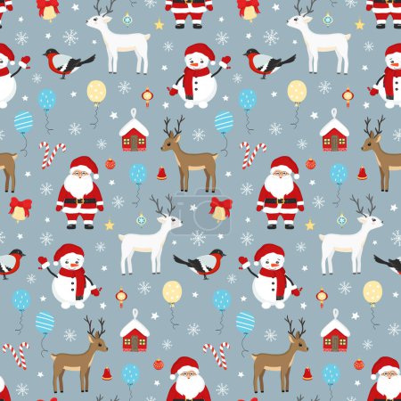 Illustration for Hand drawn seamless pattern of Santa Claus, Christmas ball, deer, snowman, bird, bell, snowflake. Happy New Year and Christmas illustration for greeting card, invitation, wallpaper, wrapping paper - Royalty Free Image