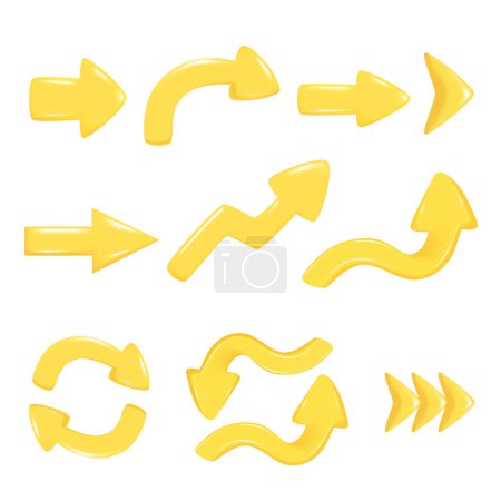 Hand drawn set of realistic yellow 3d arrows. Different shape of pointer 3d icon. Collection of realistic left, right, up, down, round sign. Abstract vector illustration isolated on white background