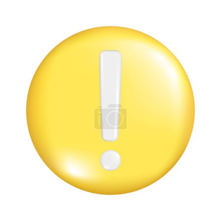 Ilustración de Forma realista de esfera redonda amarilla 3d con signo de exclamación. Icono de botón de círculo, símbolo esférico, elemento de icono de atención o marca de precaución. Ilustración vectorial abstracta aislada sobre un fondo blanco - Imagen libre de derechos
