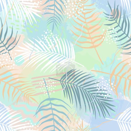Illustration for Seamless pattern of tropical leaves of palm tree, Arecaceae leaf and brush shape. Exotic collection of plant and grunge texture. Hand drawn vector illustration for wallpaper, wrapping paper, fabric - Royalty Free Image
