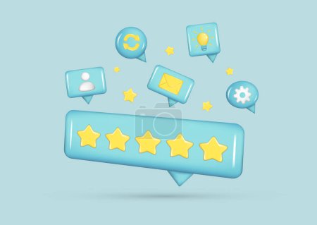 Realistic 3d tooltip UI with 5 golden stars. Speech bubble with light bulb, envelope, arrow, settings icon. Customer 3d quality reviews, user rating, feedback score. Vector glossy illustration