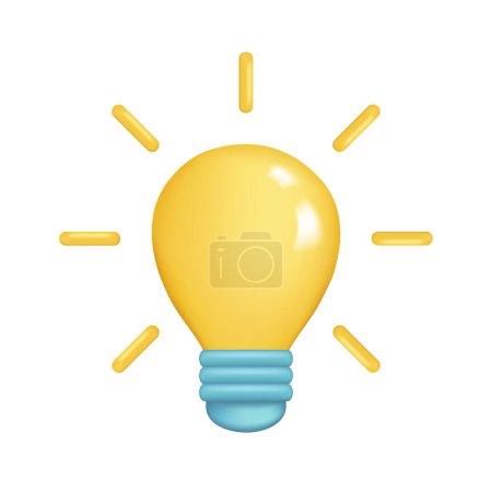 Téléchargez les illustrations : Ampoule réaliste 3d jaune brillant avec des rayons de lumière. Ampoule de dessin animé en verre 3d, concept de réussite commerciale, symbole de l'idée de créativité, icône de la pensée. Illustration vectorielle isolée sur fond blanc - en licence libre de droit
