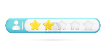 Illustration for Realistic 3d rating feedback, 2 golden stars, deepening of three gray, person. Customer quality review, user rating, feedback score, five-point scale. Vector illustration isolated on white background - Royalty Free Image