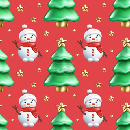 Seamless pattern of realistic 3d cartoon green Christmas tree, cute snowman, golden star. Winter holiday symbol. Happy New Year vector illustration for greeting card, wallpaper, wrapping paper, fabric