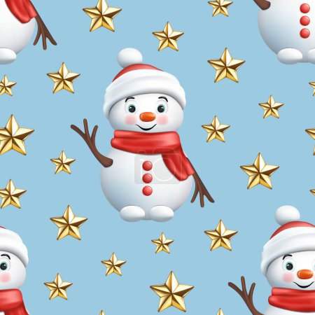 Nahtloses Muster eines realistischen 3D-Cartoon-Weihnachtsschneemanns mit Schal, Hut, Holzhänden und goldenem Stern. Nettes Happy New Year Vektor Illustration für Grußkarte, Tapete, Geschenkpapier, Stoff