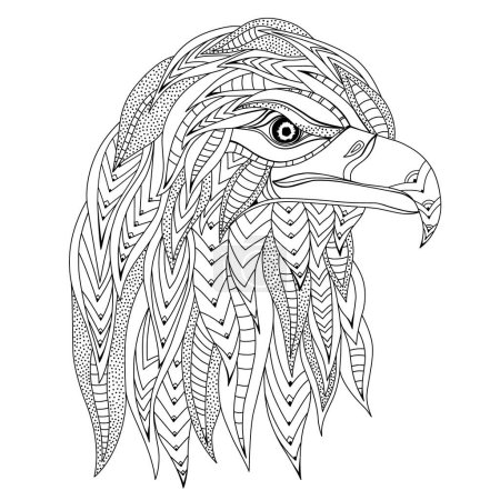 Ilustración de Silueta estilizada dibujada a mano de cabeza de águila. Libro para colorear página antiestrés con aves depredadoras. Logo de contorno blanco y negro, emblema, tatuaje. Ilustración de bosquejo vectorial aislada sobre fondo blanco - Imagen libre de derechos