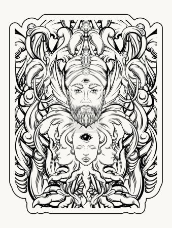 Vector hand drawn illustration of fortune teller with three eyes. Hand sketched creative artwork with baroque and floral motives. Template for card poster, banner, print for t-shirt. Tattoo art.