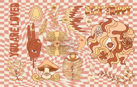 Téléchargez les illustrations : Stay trippy. Vector hand drawn set of illustration with surrealistic mushroom. Creative artwork. Template for card, poster, banner, print for t-shirt, pin, badge, patch. - en licence libre de droit