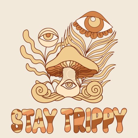 Illustration for Stay trippy. Vector hand drawn illustration with surrealistic mushroom. Creative artwork. Template for card, poster, banner, print for t-shirt, pin, badge, patch. - Royalty Free Image