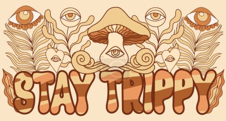 Téléchargez les illustrations : Stay trippy. Vector hand drawn illustration with surrealistic mushroom. Creative artwork. Template for card, poster, banner, print for t-shirt, pin, badge, patch. - en licence libre de droit