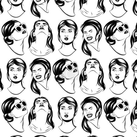 Vector pattern woth hand drawn illustration of female characters. Creative abstract artwork with girls. Template for card, poster, banner, print for t-shirt, pin, badge, patch.