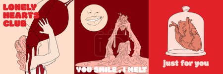 Illustration for You smile, I melt. Lonely hearts club. Vector set of hand drawn illustration. Creative artwork . Template for card, poster, banner, print for t-shirt, brochure, label. - Royalty Free Image