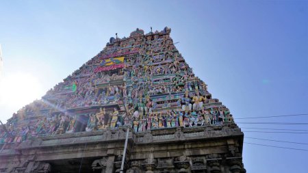 Photo for Chennai,Tamilnadu,India-December 29 2022: Beautiful view of entrance of ancient Kapaleeshwarar Temple. Amazing architecture with colourful hindu idols - Royalty Free Image