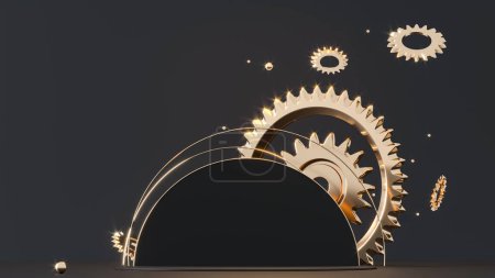 Téléchargez les photos : Mécanisme Steampunk. Illustration de rendu 3D. Engrenages, sphères métalliques volantes et bagues en or. Pièces mécaniques de moteur. Podium, piédestal sur fond sombre. Vapeur punk roues dentées composants de la mécanique - en image libre de droit