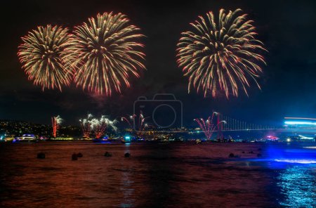 Photo for 100th Anniversary Celebrations of the Republic of Trkiye Fireworks Photos, 15 July Martyrs Bridge Arnavutkoy, Istanbul, Turkiye (Turkey) - Royalty Free Image