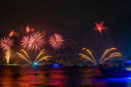 Photo for 100th Anniversary Celebrations of the Republic of Trkiye Fireworks Photos, 15 July Martyrs Bridge Arnavutkoy, Istanbul, Turkiye (Turkey) - Royalty Free Image