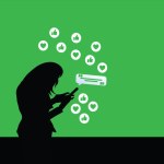 WhatsApp online messaging service logo on a smartphone. Silhouette of girl holding phone while using whatsApp.