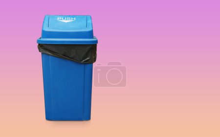 Photo for Front view black bag in the blue bin and lid plastic on gradient purple and pink background, object, clean, vintage, decor, keep, copy space - Royalty Free Image