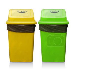 Photo for Front view two bin, yellow and green bin and lid plastic on isolated background, object, clean, vintage, decor, keep, copy space - Royalty Free Image