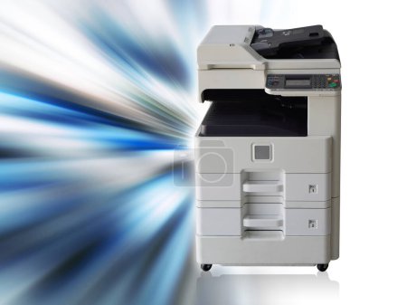 inside right, front view white and black copier on blue and white and black speed laser and technology background, technology, object, banner, template, copy space