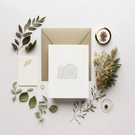 Téléchargez les photos : Morceau de papier avec enveloppe et feuilles avec cône placé en composition créative sur fond blanc - en image libre de droit