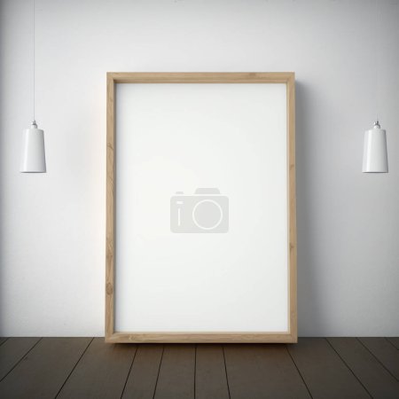 Photo for Illustration of home interior poster mockup with vertical empty wooden frame without picture placed on striped floor against white wall near hanging lamps - Royalty Free Image