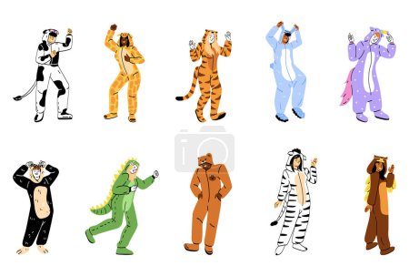 Illustration for Set of people in funny kigurumi pajamas. Positive men and women wearing jumpsuits in form of different animals. Zebra, bear, dinosaur. Cartoon flat vector collection isolated on white background - Royalty Free Image