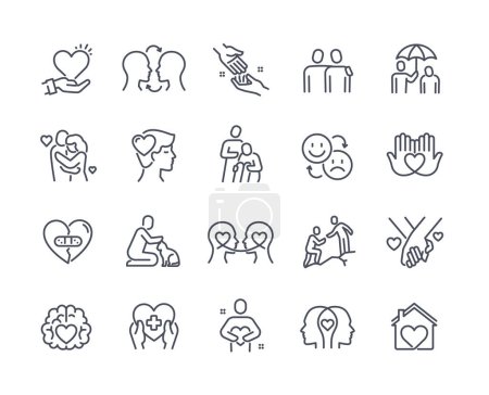 Illustration for Empathy line icon set. Psychological help, support, comforting hugs and mental health. Design elements for apps and social networks. Cartoon flat vector collection isolated on white background - Royalty Free Image