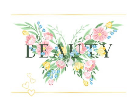 Illustration for Beautiful flower butterfly concept. Colorful poster with insect, blooming plants and slogan or lettering. Design element for logo, postcard and social media. Cartoon flat vector illustration - Royalty Free Image