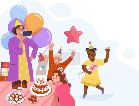 Illustration for Birthday celebration party. Background or poster with little girl blowing candles on birthday cake, friends giving gifts and mom taking photos. Event or holiday. Cartoon flat vector illustration - Royalty Free Image
