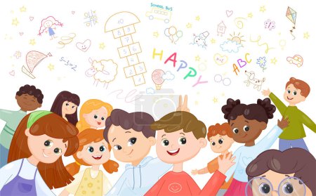 Illustration for Group of happy cute kids. Funny little boys and girls preschoolers look at camera, show gestures and make phono on background of drawings. Children friends. Cartoon modern flat vector illustration - Royalty Free Image