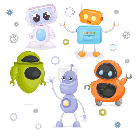 Illustration for Set of cute robots. Colorful stickers with positive droids, bots or artificial intelligences. Design elements for apps and social networks. Cartoon flat vector collection isolated on white background - Royalty Free Image