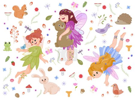 Illustration for Childish fairytale seamless pattern. Colorful template with animals, smiling fairies, berries, flowers and butterflies. Design element for printing on baby bedding. Cartoon flat vector illustration - Royalty Free Image