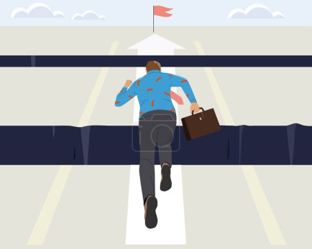 Illustration for Aspiration and determination concept. Young male entrepreneur overcomes obstacles on way to goal reaching. Ambitious leader or company employee develops business. Cartoon flat vector illustration - Royalty Free Image